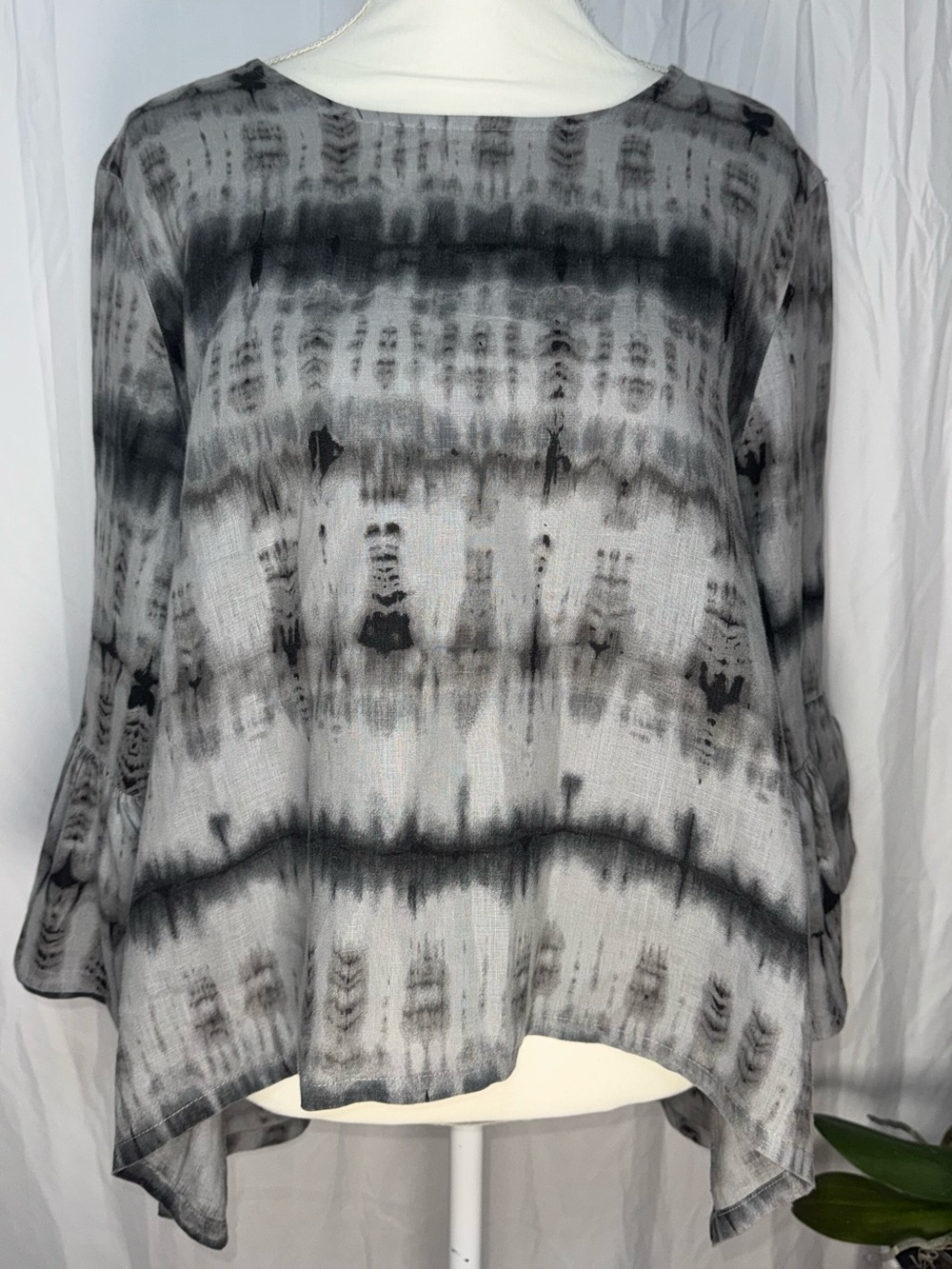 Bryn Walker Linen Bell Sleeve Tunic High Low Speckled Gray Artsy Size S